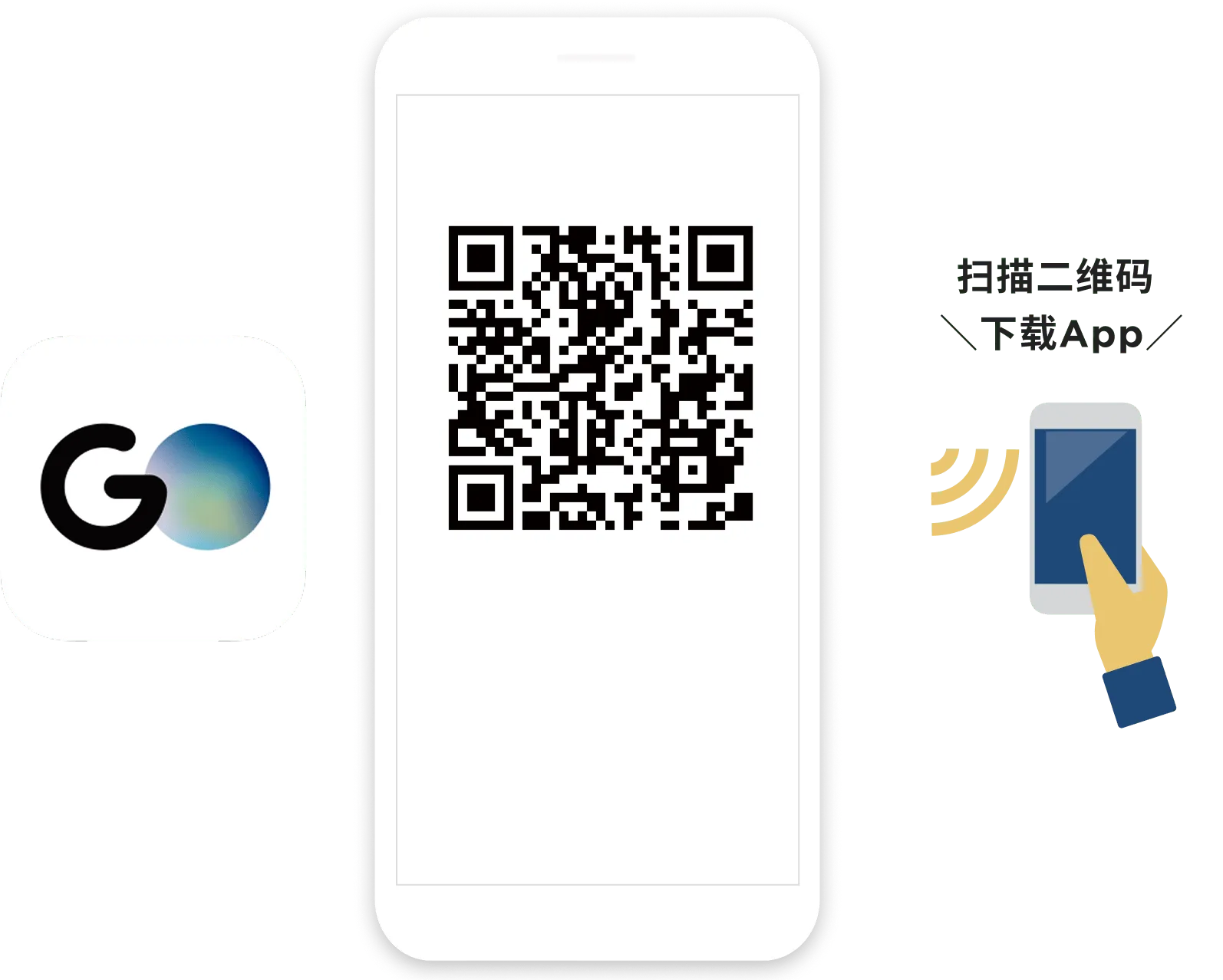 Step 1: Download the app. Mobile phone showing a QR code and the GO app icon.