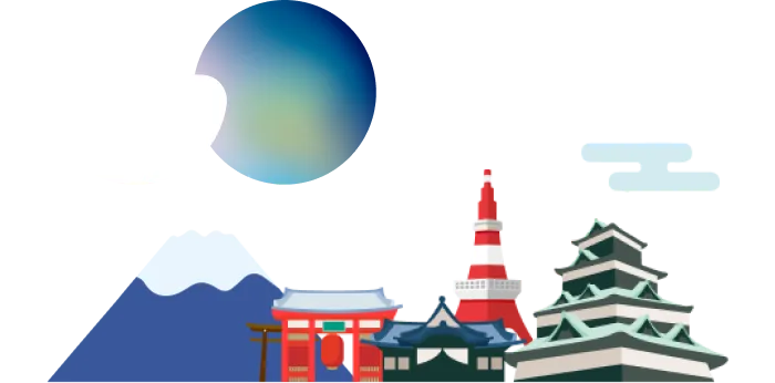 후지산, 센소지, 신사, 니조성, 도쿄 타워, 오사카 성이 그려진 GO 택시 앱 로고