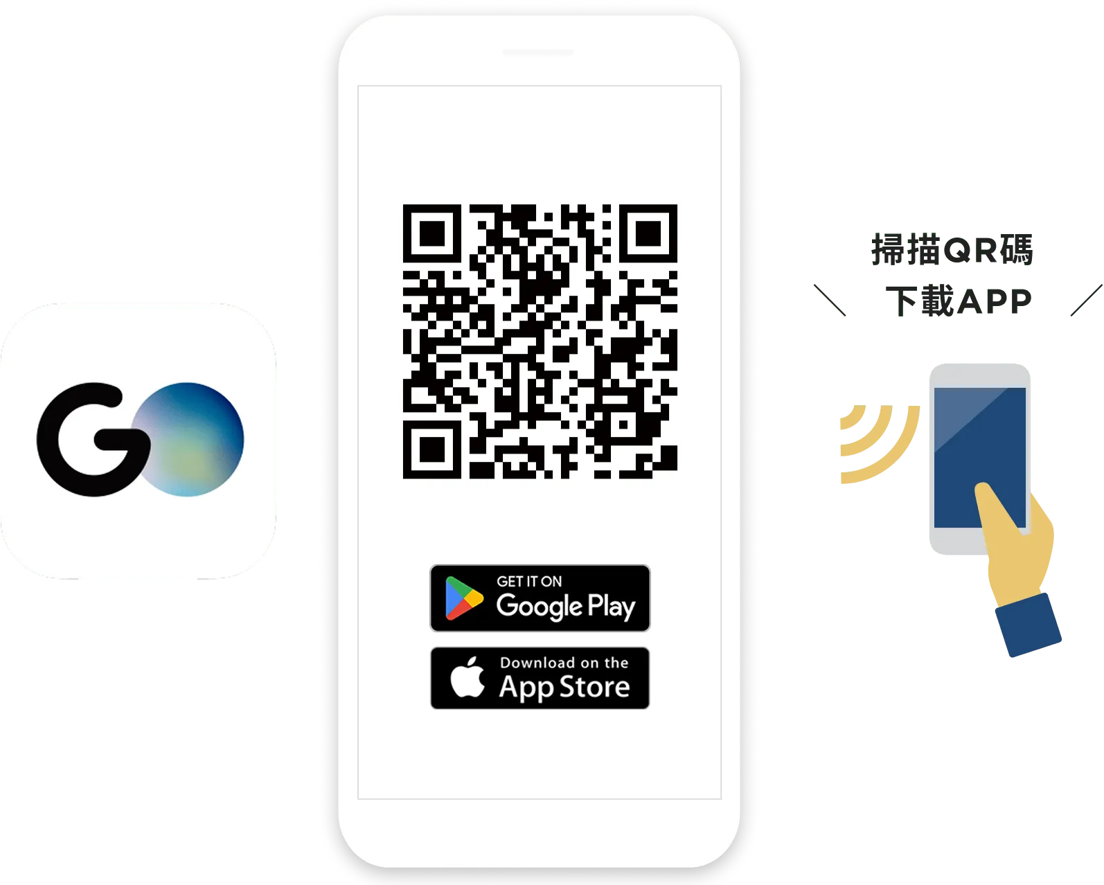 Step 1: Download the app. Mobile phone showing a QR code and the GO app icon.