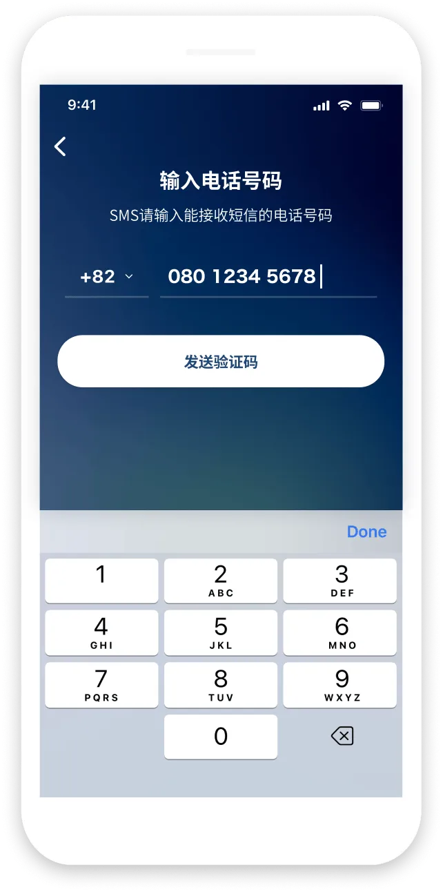 输入手机号码和验证码