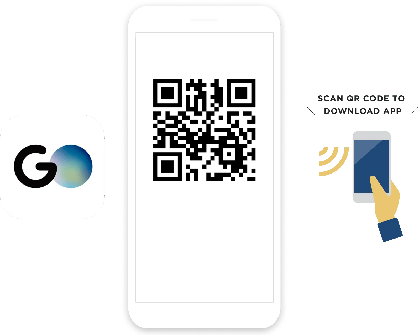 Step 1: Download the app. Mobile phone showing a QR code and the GO app icon.