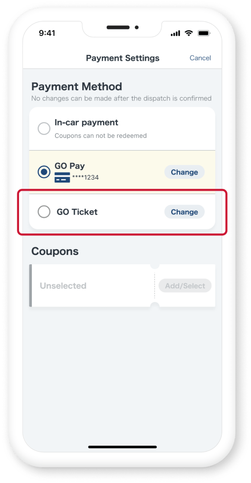 Change the Payment Method to<br> GO Ticket