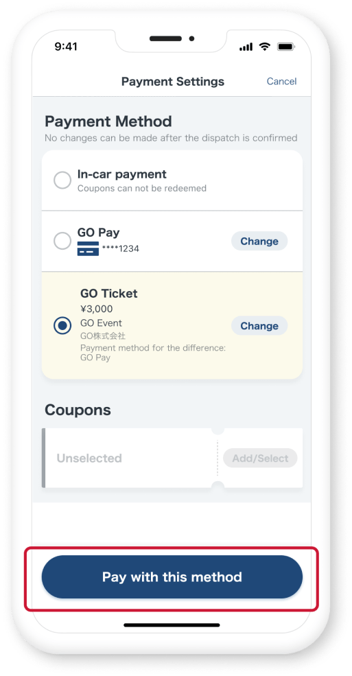 Payment Method Is Set to the<br> GO Ticket